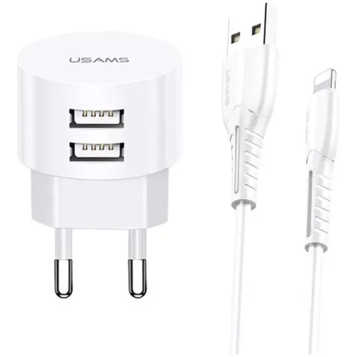 USAMS φορτιστής τοίχου T20 & καλώδιο Lightning 2x USB 2.1A λευκός