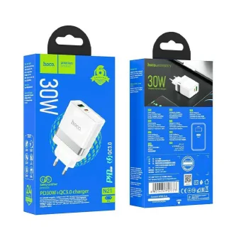 Φορτιστής Ταξιδίου Hoco N21 USB-A + USB-C Fast Charging PD30W+QC3.0 PD30W+QC3.0 Λευκό (Χωρίς Καλώδιο)